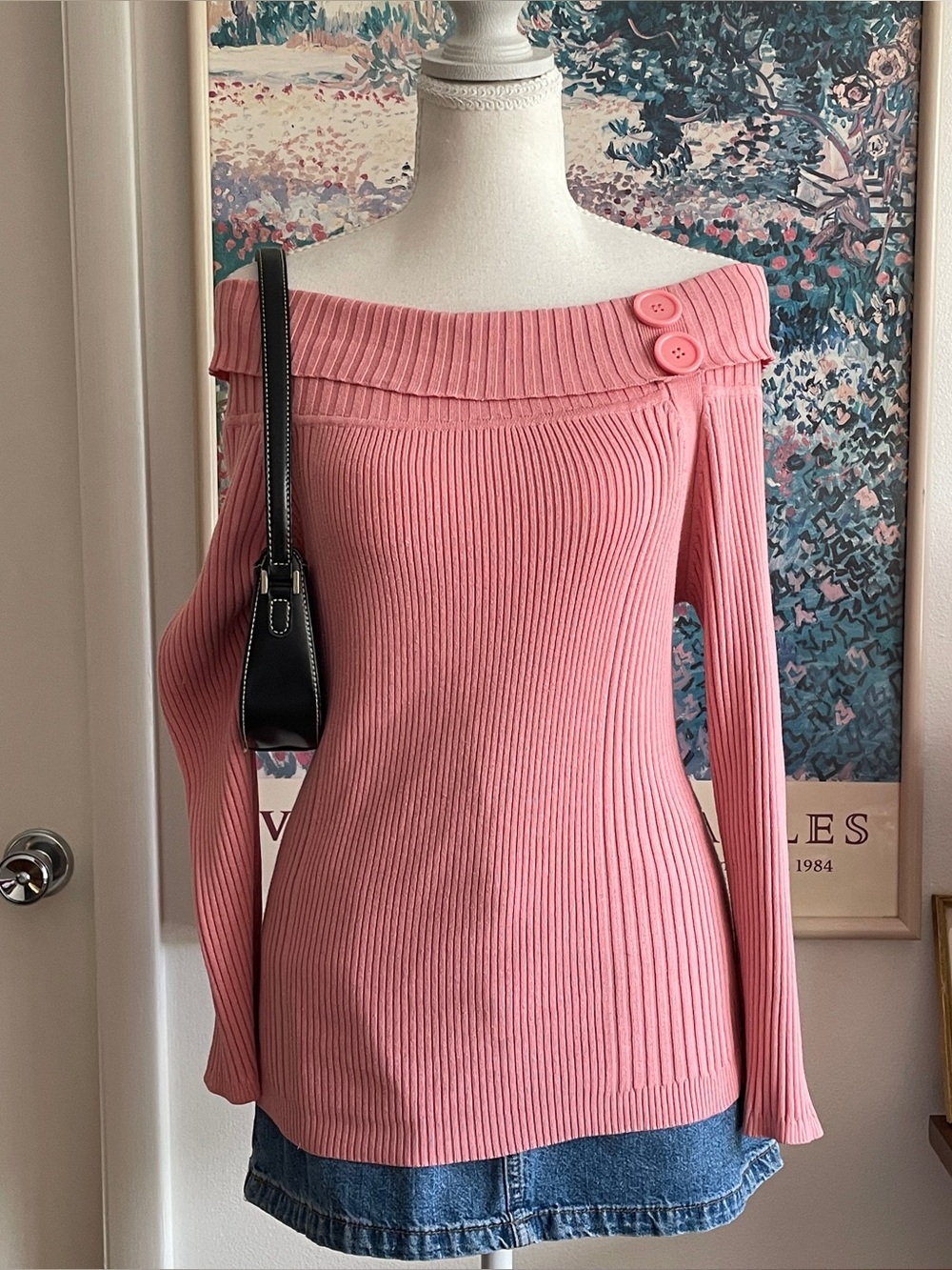 Rave Off The Shoulder Sweater Womens Large Pink Ribbed Knit Button Coquette Y2K